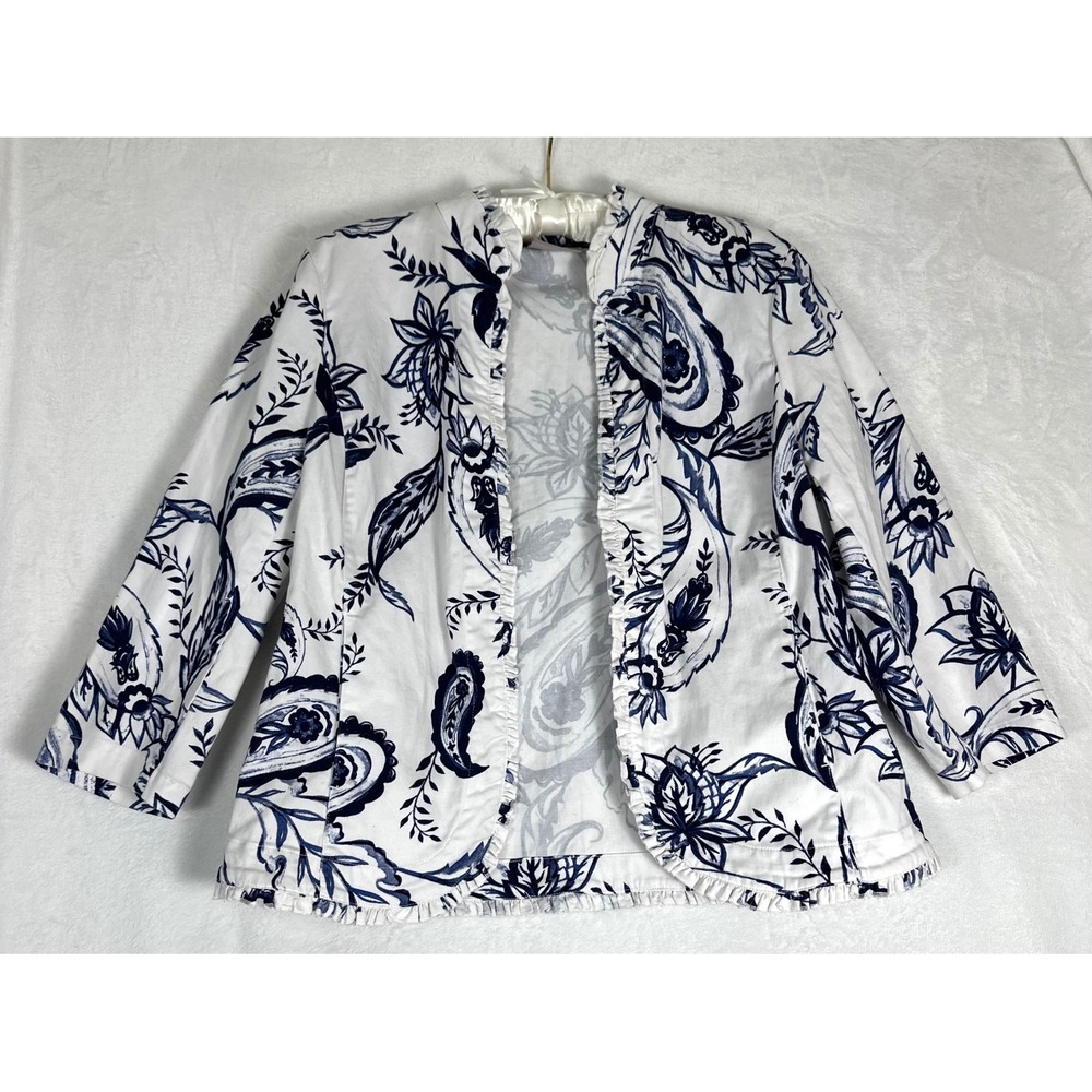 Chico's Cotton Paisley Jacket Blazer Size 1 (M) Blue White Coastal Quiet Luxury - Picture 2 of 10